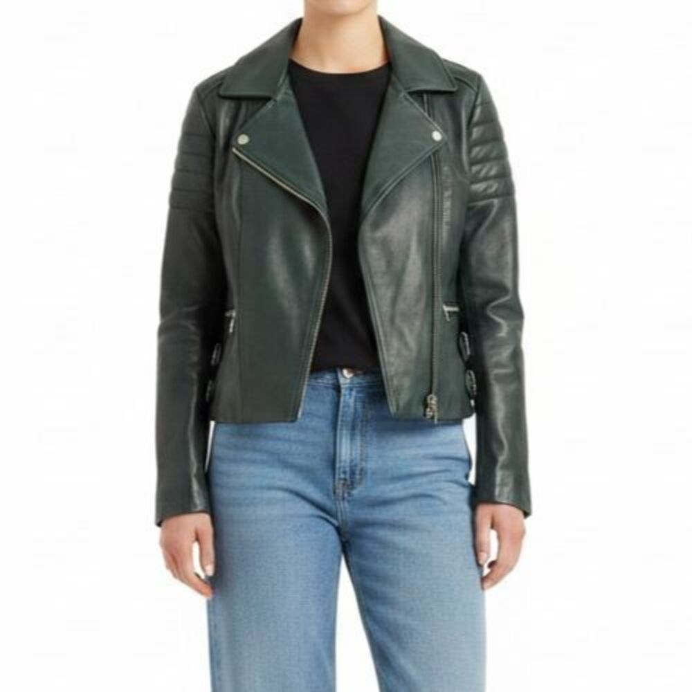 Rebecca Taylor Lamb Leather Moto Biker Jacket Women Medium Emerald Green Classic